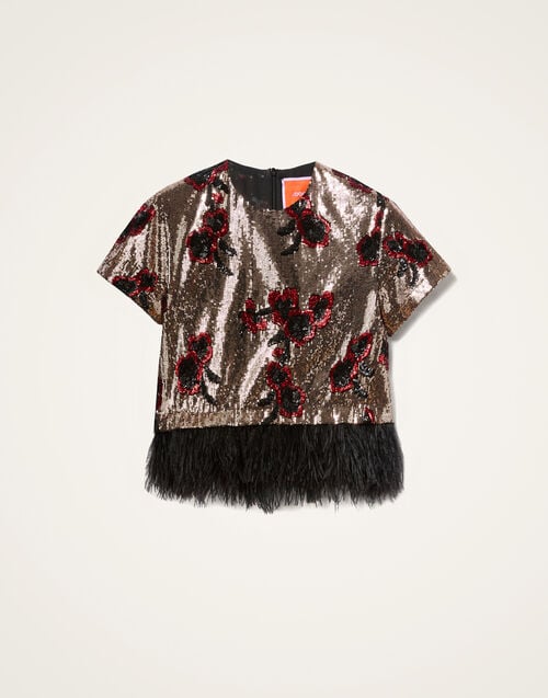 La Doublej La Scala Tee Primrose Bronze In Paillettes With Feathers