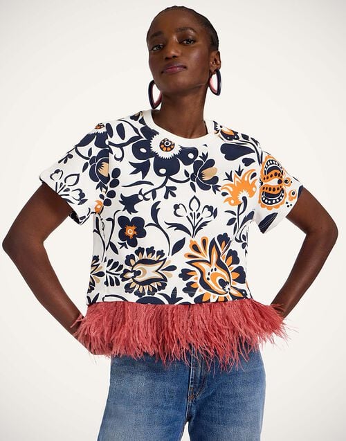 La Doublej La Scala Tee Selva White In Jersey With Feathers