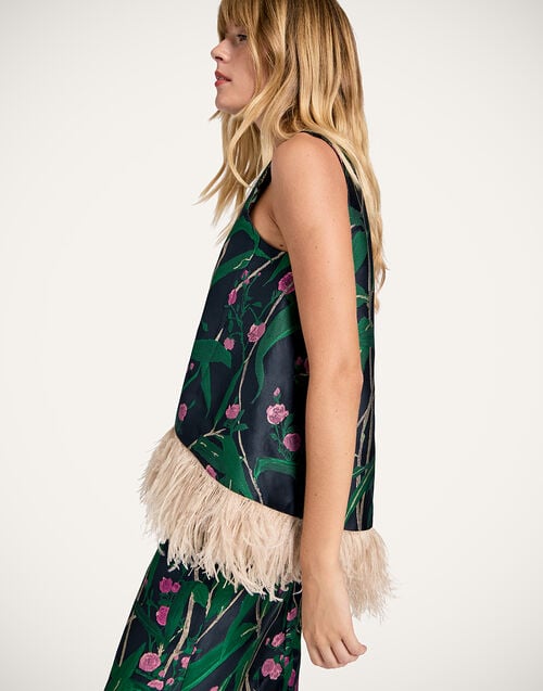 La Doublej La Scala Top Bamboo Black In Jacquard With Feathers