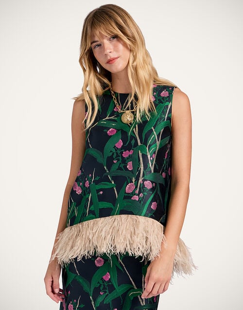 la doublej La Scala Top Bamboo Black in Jacquard With Feathers