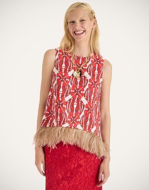 La Doublej La Scala Top Clover Red In Rustic Cotton With Feathers