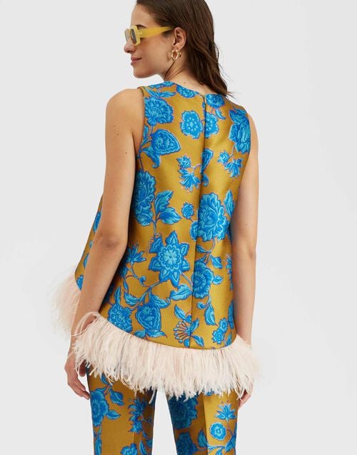 La Doublej La Scala Top Hottie Turquoise In Jacquard With Feathers