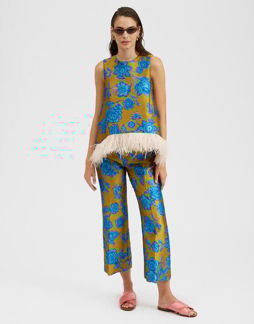 La Doublej La Scala Top Hottie Turquoise In Jacquard With Feathers