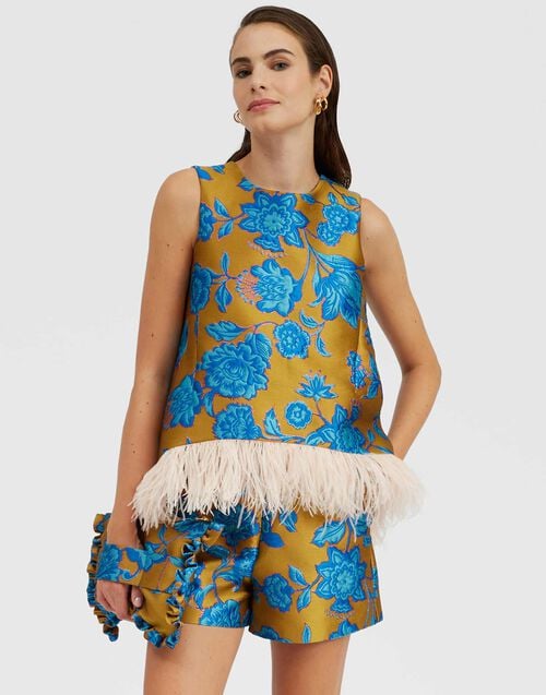 la doublej La Scala Top Hottie Turquoise in Jacquard With Feathers