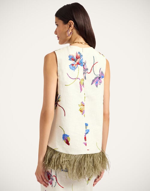 La Doublej La Scala Top Infiorata White In Rustic Cotton With Feathers