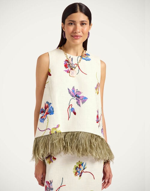 La Doublej La Scala Top Infiorata White In Rustic Cotton With Feathers