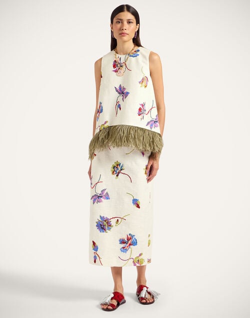 La Doublej La Scala Top Infiorata White In Rustic Cotton With Feathers