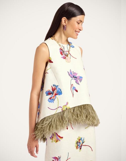 la doublej La Scala Top Infiorata White in Rustic Cotton With Feathers