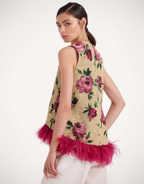 La Doublej La Scala Top Roses Light Beige In Tweed With Feathers