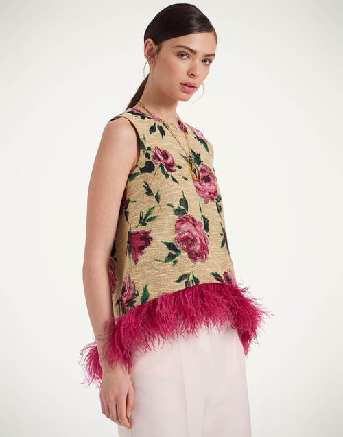 la doublej La Scala Top Roses Light Beige in Tweed with Feathers