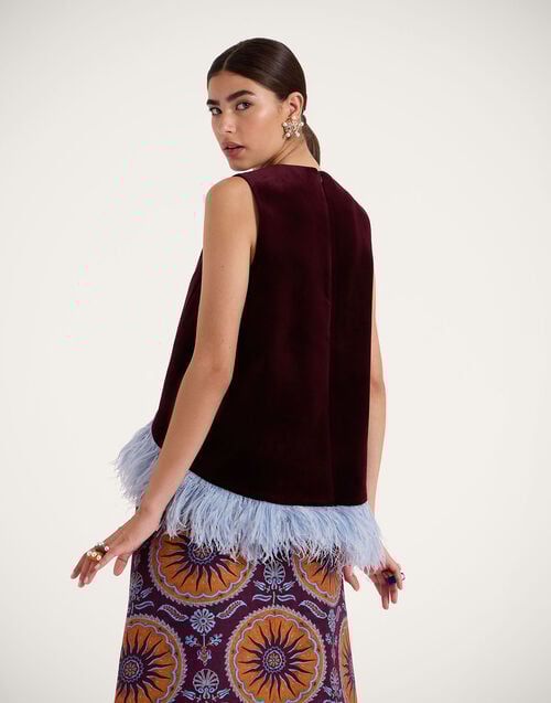 La Doublej La Scala Top Solid Burgandy In Cotton Velvet With Feathers
