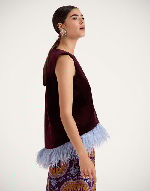 La Doublej La Scala Top Solid Burgandy In Cotton Velvet With Feathers