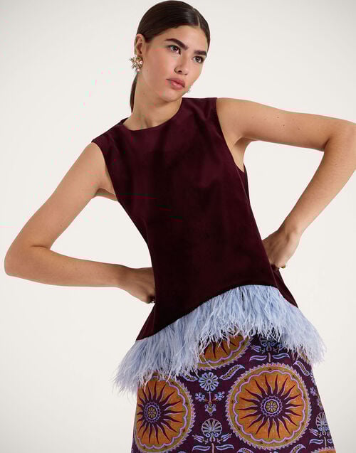 La Doublej La Scala Top Solid Burgandy In Cotton Velvet With Feathers