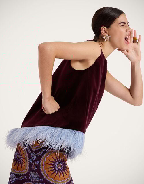 la doublej La Scala Top Solid Burgandy in Cotton Velvet With Feathers