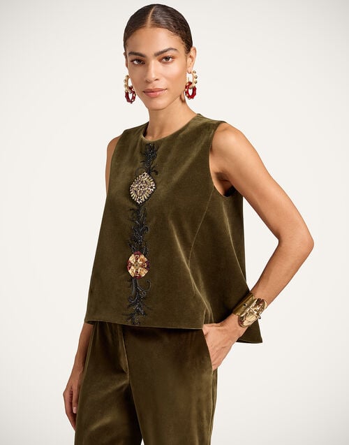 La Doublej La Scala Top Solid Moss Green In Coat Velvet Embroidered