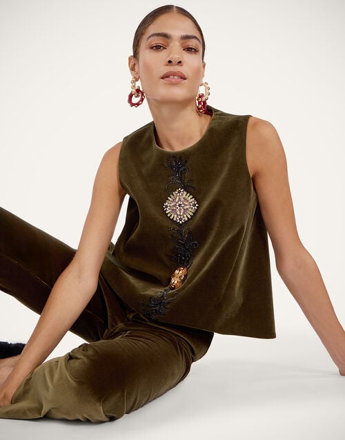 la doublej La Scala Top Solid Moss Green in Coat Velvet Embroidered