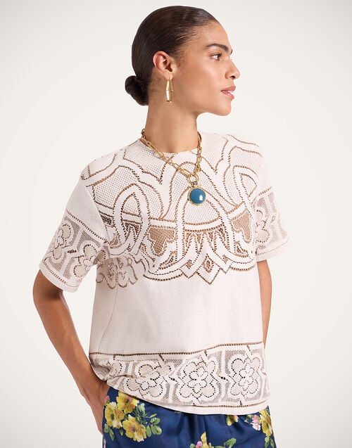 la doublej Lacey House T-Shirt Solid White Smoke in Embroidered Cotton