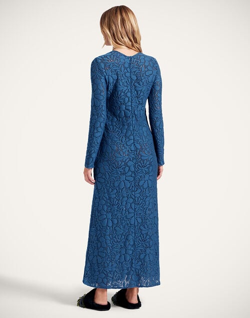 La Doublej Lacey Long Sleeve Swing Dress Solid Blue In Wool Lace
