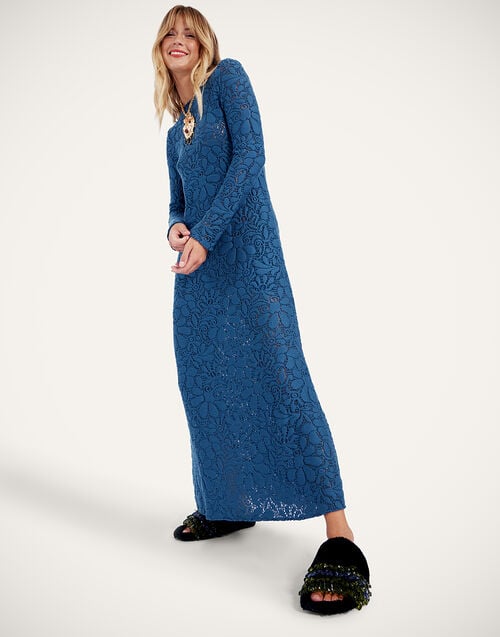 La Doublej Lacey Long Sleeve Swing Dress Solid Blue In Wool Lace