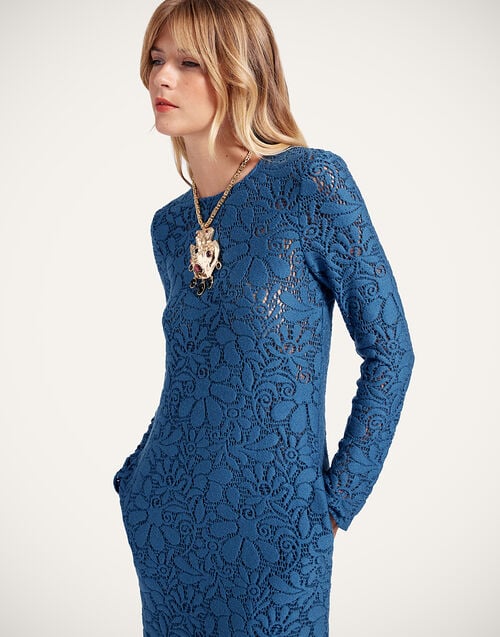 La Doublej Lacey Long Sleeve Swing Dress Solid Blue In Wool Lace