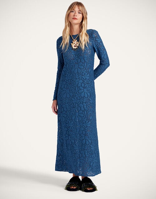 la doublej Lacey Long Sleeve Swing Dress Solid Blue in Wool Lace