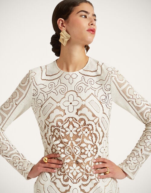 La Doublej Lacey Long Sleeve Swing Dress Solid White Smoke In Embroidered Cotton