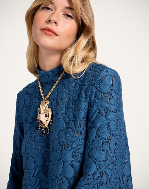 La Doublej Lacey Make An Exit Top Solid Blue In Wool Lace