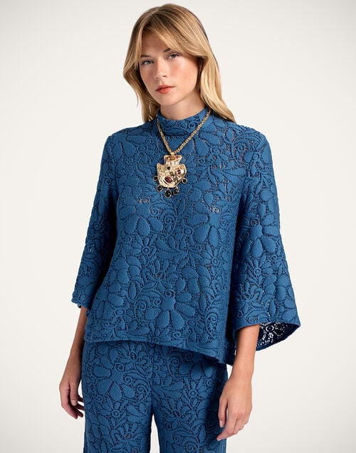 la doublej Lacey Make An Exit Top Solid Blue in Wool Lace