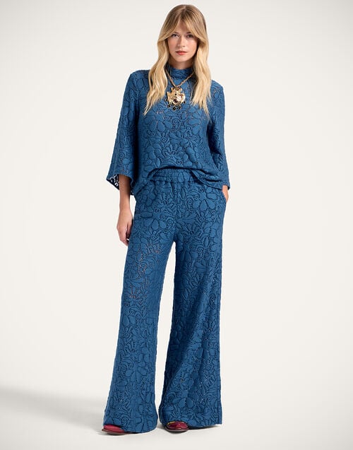 la doublej Lacey Palazzo Pants Solid Blue in Wool Lace