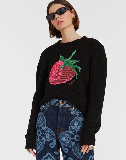 la doublej Lampone Sweater Black in Wool Embroidered