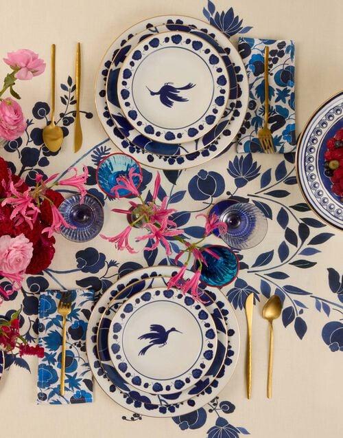 La Doublej Large Tablecloth Wildbird Placée Blue In Linen