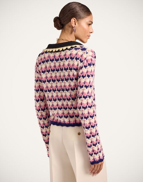 La Doublej Long Sleeves Picket Polo Shirt Multicolor Pink & White In Alpaca Wool