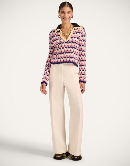 La Doublej Long Sleeves Picket Polo Shirt Multicolor Pink & White In Alpaca Wool