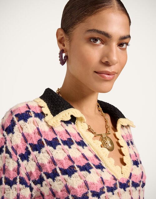 La Doublej Long Sleeves Picket Polo Shirt Multicolor Pink & White In Alpaca Wool