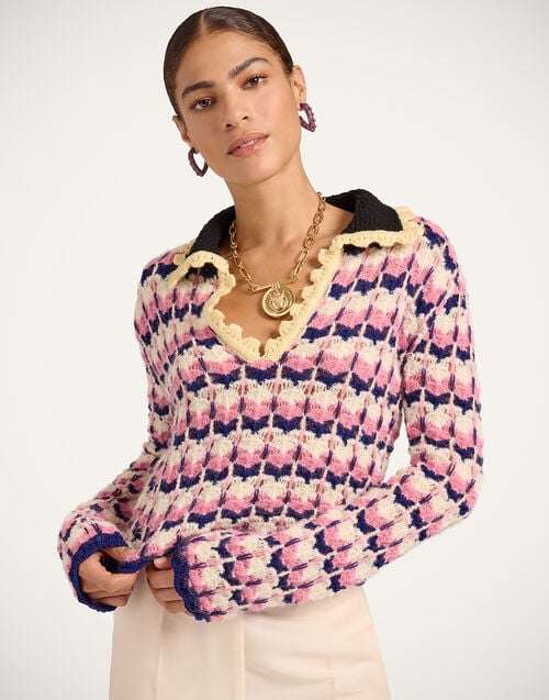 la doublej Long Sleeves Picket Polo Shirt Multicolor Pink & White in Alpaca Wool