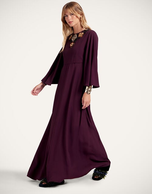 La Doublej Long Sorella Dress Solid Burgundy In Sable Satin Embroidered
