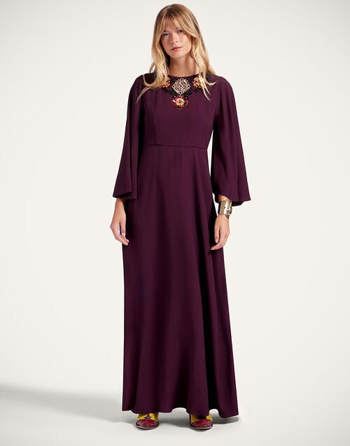 la doublej Long Sorella Dress Solid Burgundy in Sable Satin Embroidered