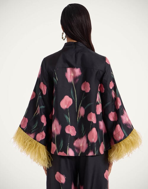 La Doublej Make An Exit Top Anthurium Black In Silk Twill With Feathers