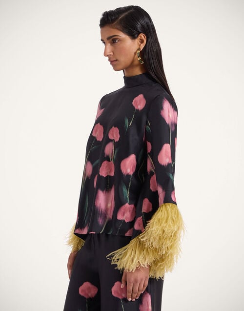 La Doublej Make An Exit Top Anthurium Black In Silk Twill With Feathers