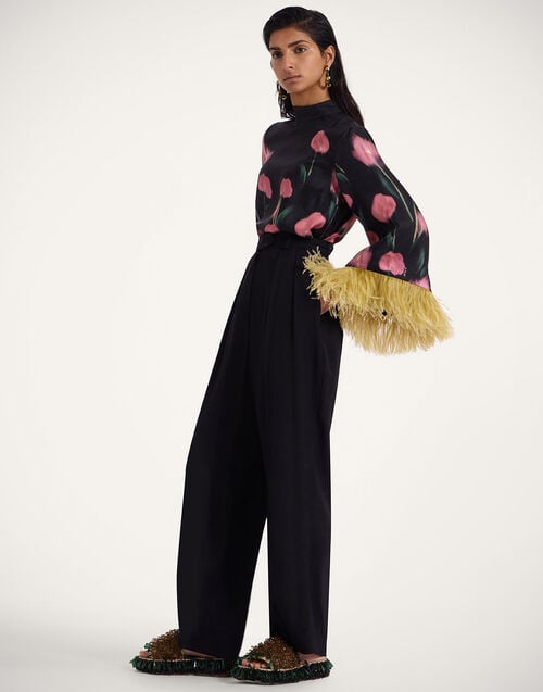 La Doublej Make An Exit Top Anthurium Black In Silk Twill With Feathers