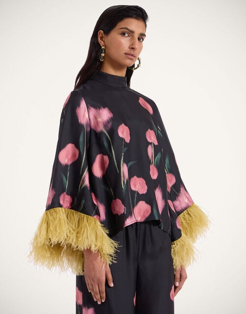 la doublej Make An Exit Top Anthurium Black in Silk Twill with Feathers