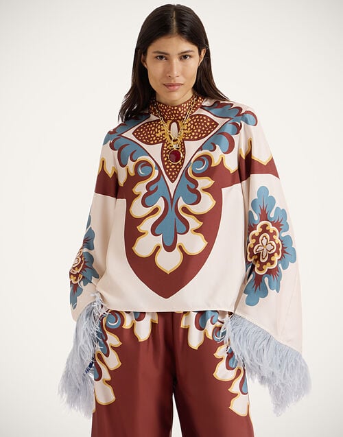 la doublej Make An Exit Top Palazzo Placée Chocolate in Silk Twill With Feathers