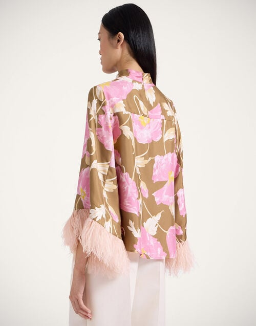 La Doublej Make An Exit Top Sylph Khaki In Silk Twill With Feathers
