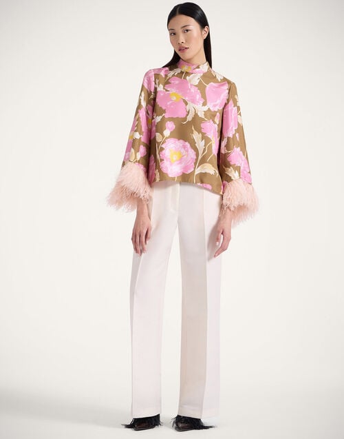 La Doublej Make An Exit Top Sylph Khaki In Silk Twill With Feathers