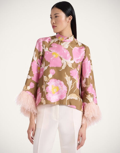la doublej Make An Exit Top Sylph Khaki in Silk Twill With Feathers