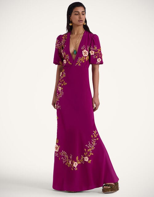 La Doublej Marlene Dress Solid Purple In Crepe De Chine Embroidered