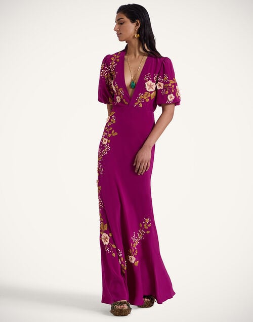 La Doublej Marlene Dress Solid Purple In Crepe De Chine Embroidered