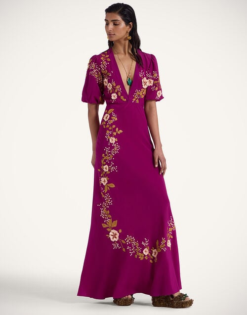 la doublej Marlene Dress Solid Purple in Crepe De Chine Embroidered