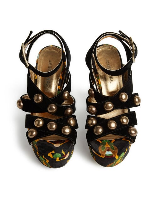 La Doublej Medal Wedge Scarab Black In Faille With Studs