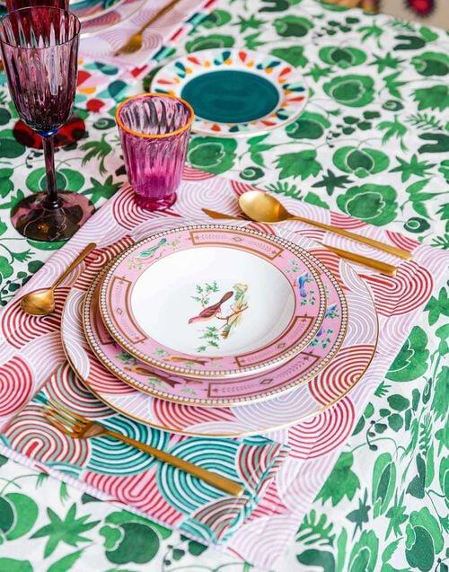 La Doublej Medium Tablecloth Wildbird Verde In Linen